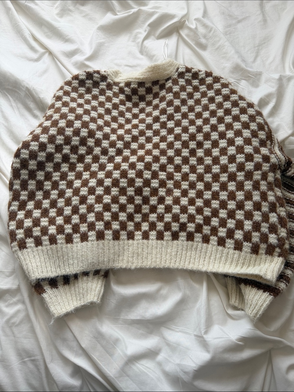 Altar'd State Cream & Brown Checkered Stripe V-Neck Cardigan - Picture 3 of 3